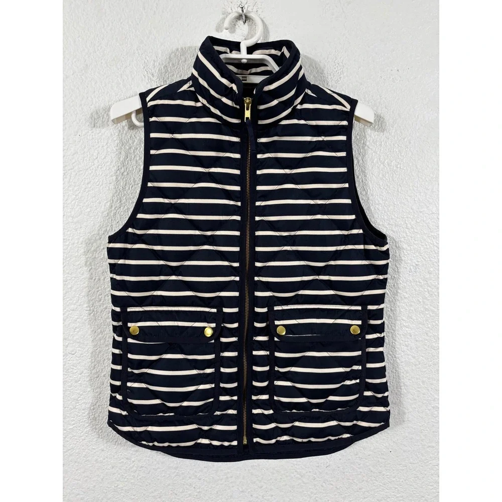 J Crew Quilted Puffer Vest Navy Blue Beige Stripe XS Sleeveless Full Zip Pockets